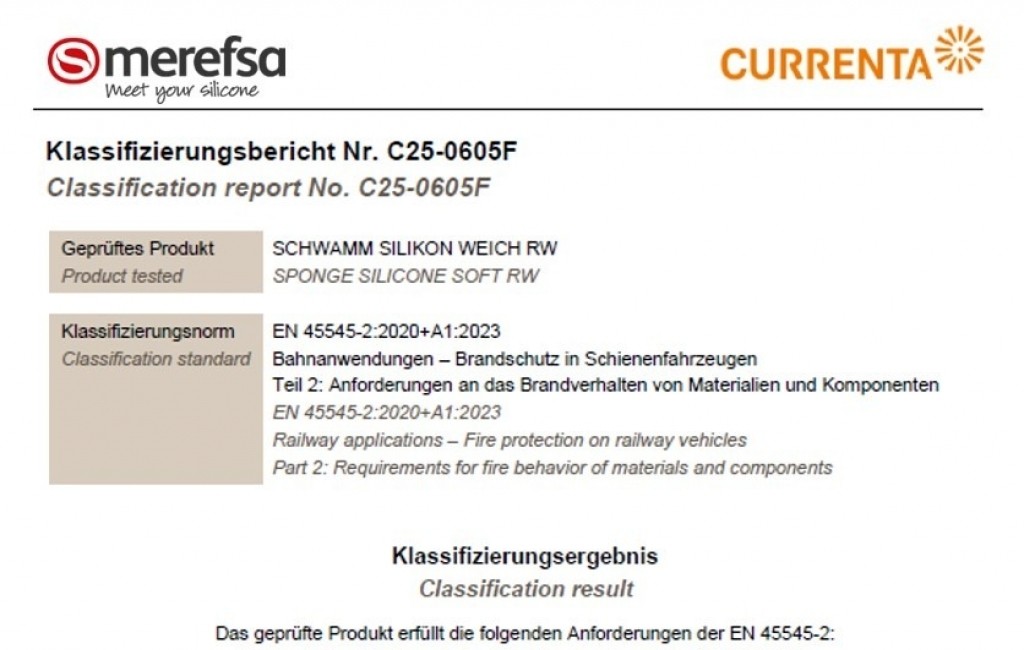 Merefsa homologue sa silicone cellulaire EN 45545-2 selon R22 et R23 en HL1, HL2 et HL3
