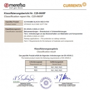 Merefsa homologa su silicona esponja para tránsito ferroviario bajo la norma EN 45545-2 